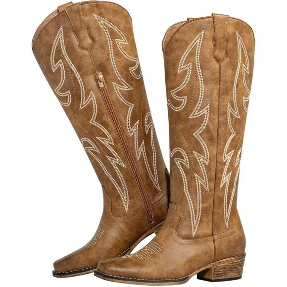 Shoes - Women's Tan Leather Square Toe Embroidered Western Knee High Cowgirls Boots